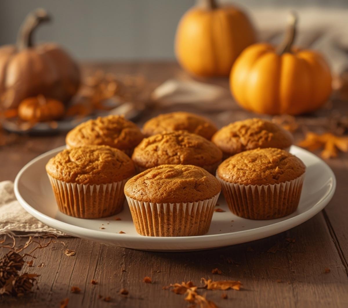 A rustic plate featuring freshly baked Keto Pumpkin Muffins on a wooden kitchen counter