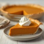 A slice of delicious Keto Pumpkin Pie topped with fresh whipped cream on a plate.