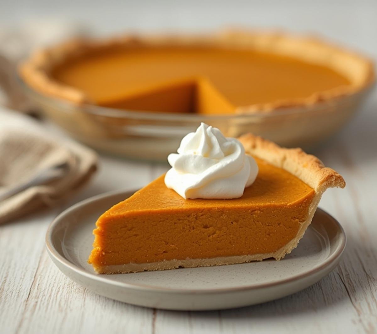 A slice of delicious Keto Pumpkin Pie topped with fresh whipped cream on a plate.