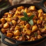 A rustic cast-iron skillet serving a delicious homemade Keto Stuffing Recipe with savory herbs.