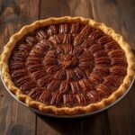 A rustic Low Carb Pecan Pie sits on a wooden surface in warm sunlight.