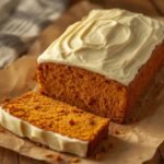 A beautiful stack of sliced Low Carb Pumpkin Loaf with creamy frosting on parchment paper