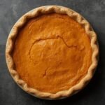 A whole freshly baked Low Carb Sweet Potato Pie with a golden crust on dark background