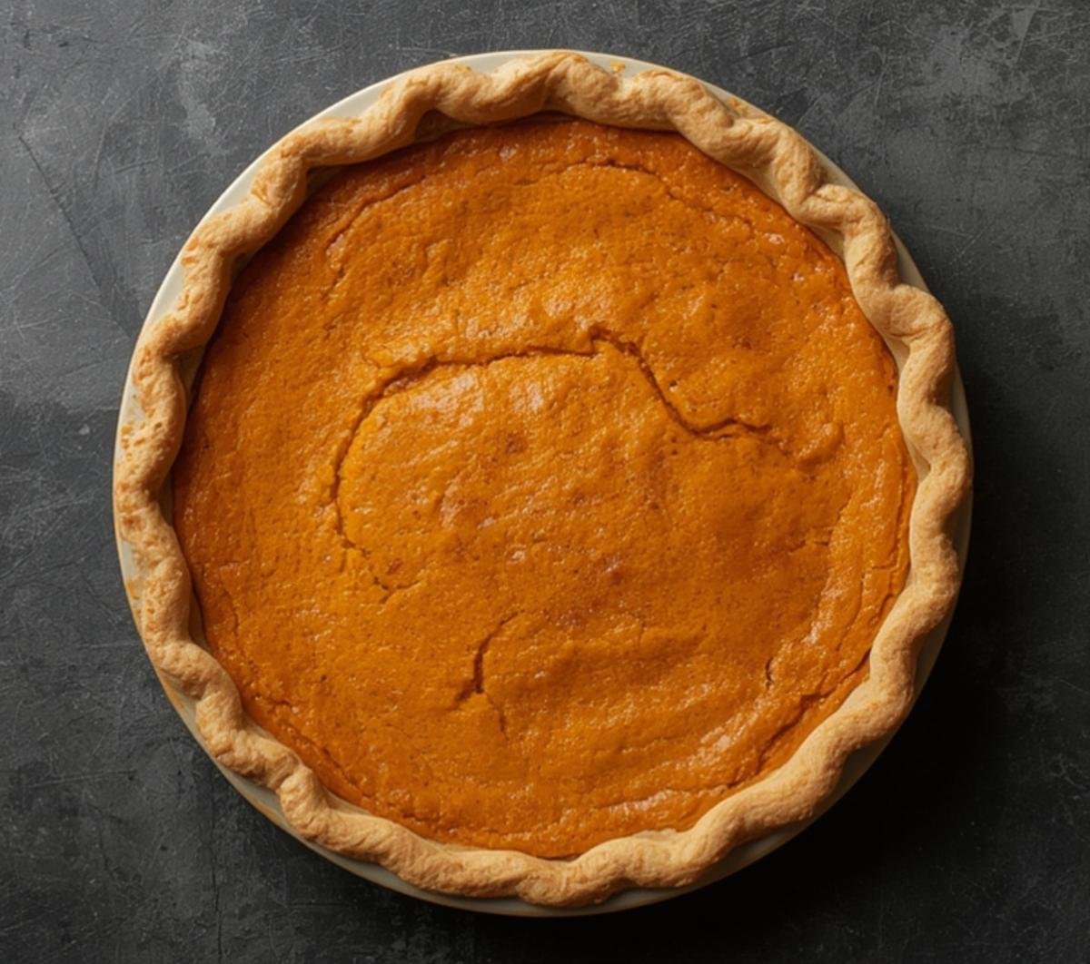 A whole freshly baked Low Carb Sweet Potato Pie with a golden crust on dark background
