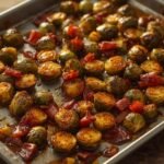 A rustic metal tray filled with perfectly Roasted Brussels Sprouts with Bacon and balsamic glaze.