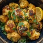 A rustic blue bowl filled with delicious Roasted Cauliflower with Parmesan, garnished with fresh herbs.