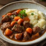 A rustic plate of hearty Slow Cooker Beef Stew served alongside creamy buttery mashed potatoes.
