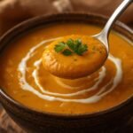 A close up of creamy Slow Cooker Butternut Squash Soup garnished with fresh green parsley