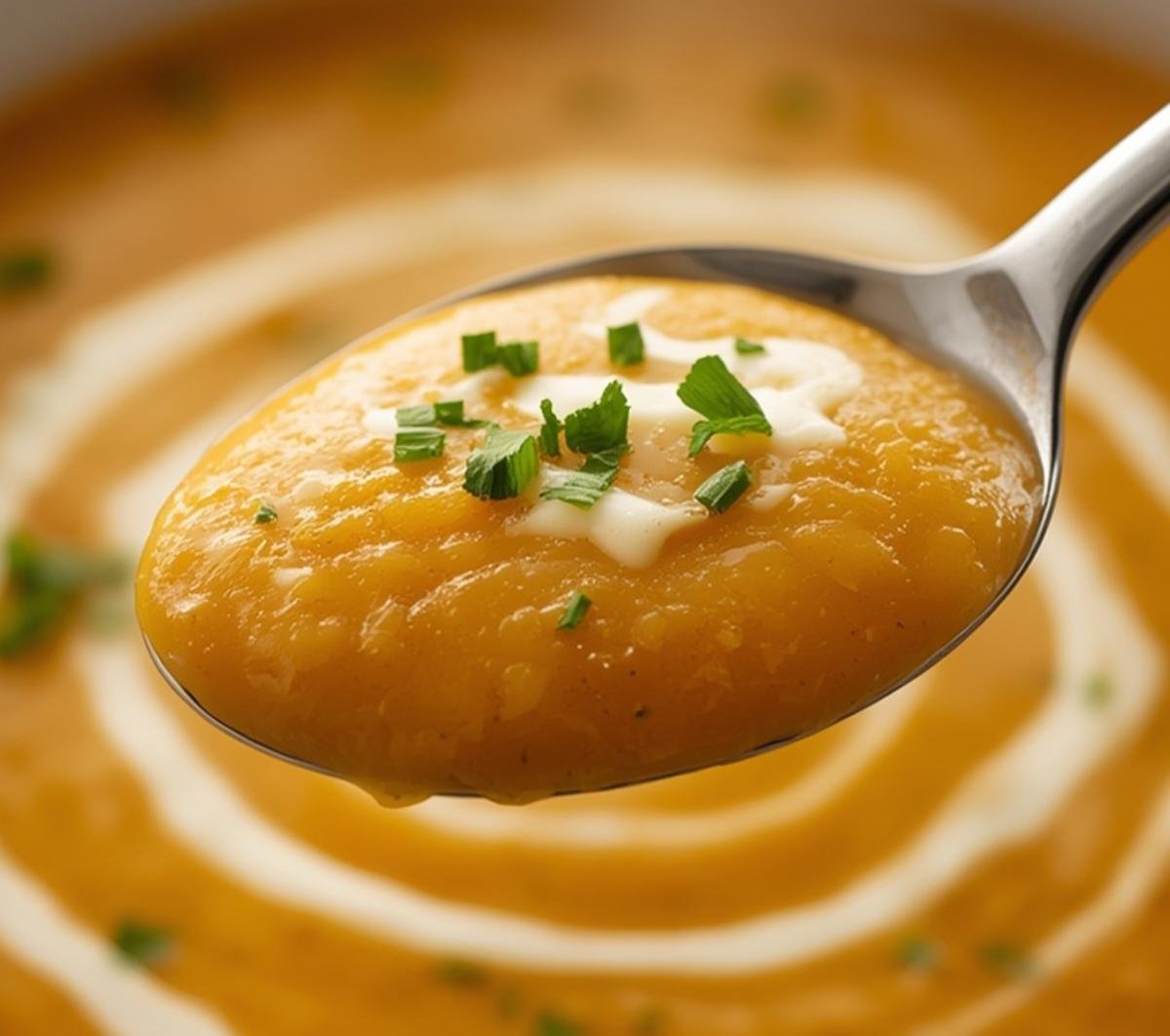 Close-up of a spoonful of velvety Slow Cooker Butternut Squash Soup with fresh herbs